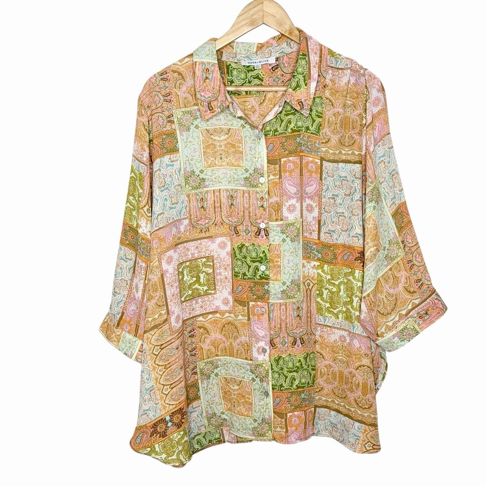 Rose And Olive Paisley Patchwork Print Blouse Top Womens Size 2X Chiffon Boho